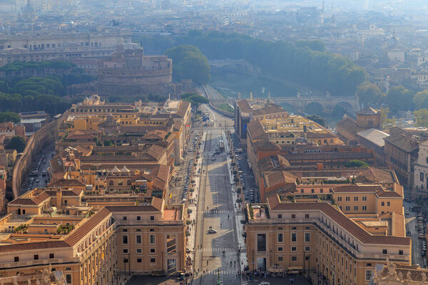 View of the street Conciliazione in Rome from the dome of the cathedral
