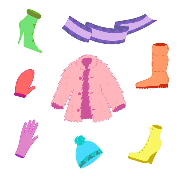 Ropa de invierno colorida dibujada a mano aislada en blanco. Zapatos lindos en tacón alto, bufanda, mitón, guante y abrigo de piel . — Vector de stock