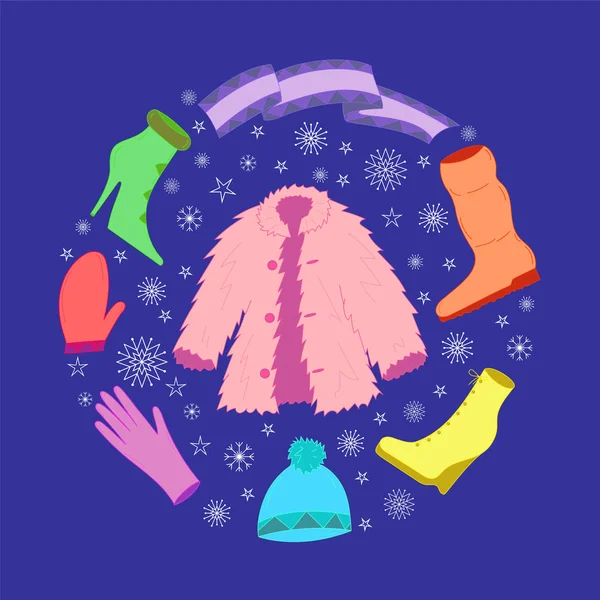 Disegnati a mano colorati vestiti invernali e fiocchi di neve disposti a forma di cerchio. Scarpe carine su tacco alto, sciarpa, manopola, guanto e pelliccia — Vettoriale Stock
