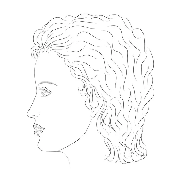 Hand Drawn vrouwelijke gezicht in profiel. Schets tekening mooie dame met gekrulde haren. — Stockvector