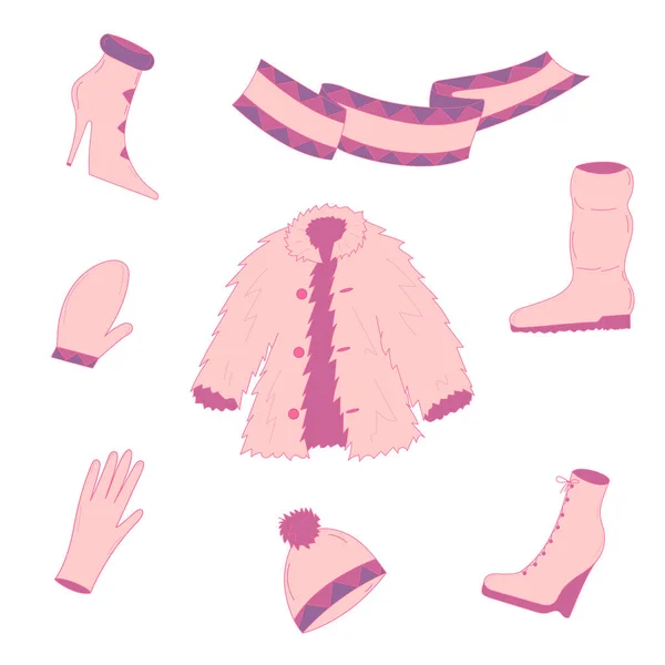 Ručně kreslené zimní oblečení. Růžové boty vysoký podpatek, šála, rukavice, rukavice a srst kabát. — Stockový vektor