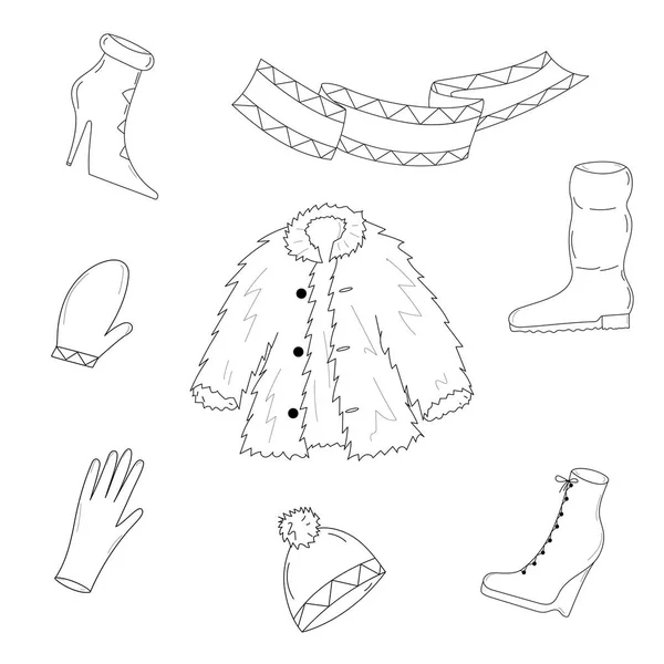 Ropa de invierno dibujada a mano. Boceto dibujado zapatos en tacón alto, bufanda, manopla, guante y abrigo de piel . — Vector de stock