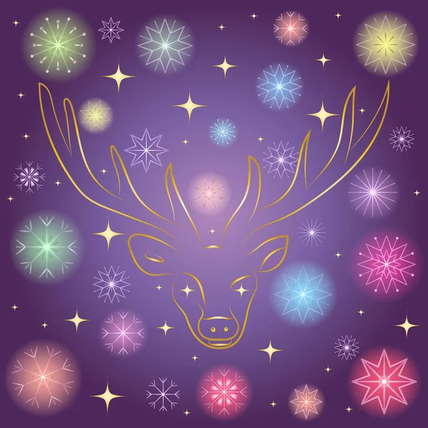 Flocos de neve brilhantes coloridos e estrelas douradas. Mão desenhada silhueta dourada de renas no céu noturno. Perfeito para design festivo . — Vetor de Stock