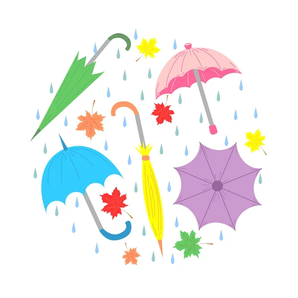 Sada ručně kreslenou barevné deštníky, javorové listy a kapky, které jsou uspořádány v kruhu. Ideální pro tisk. Plochý — Stockový vektor