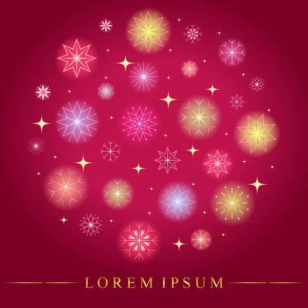 Daire içinde düzenlenmiş çeşitli renkli kar taneleri kümesi. Altın parıltılı yıldızlar ve mavi arka plan üzerinde kar taneleri. Mükemmel Noel ve yeni yıl tasarım.