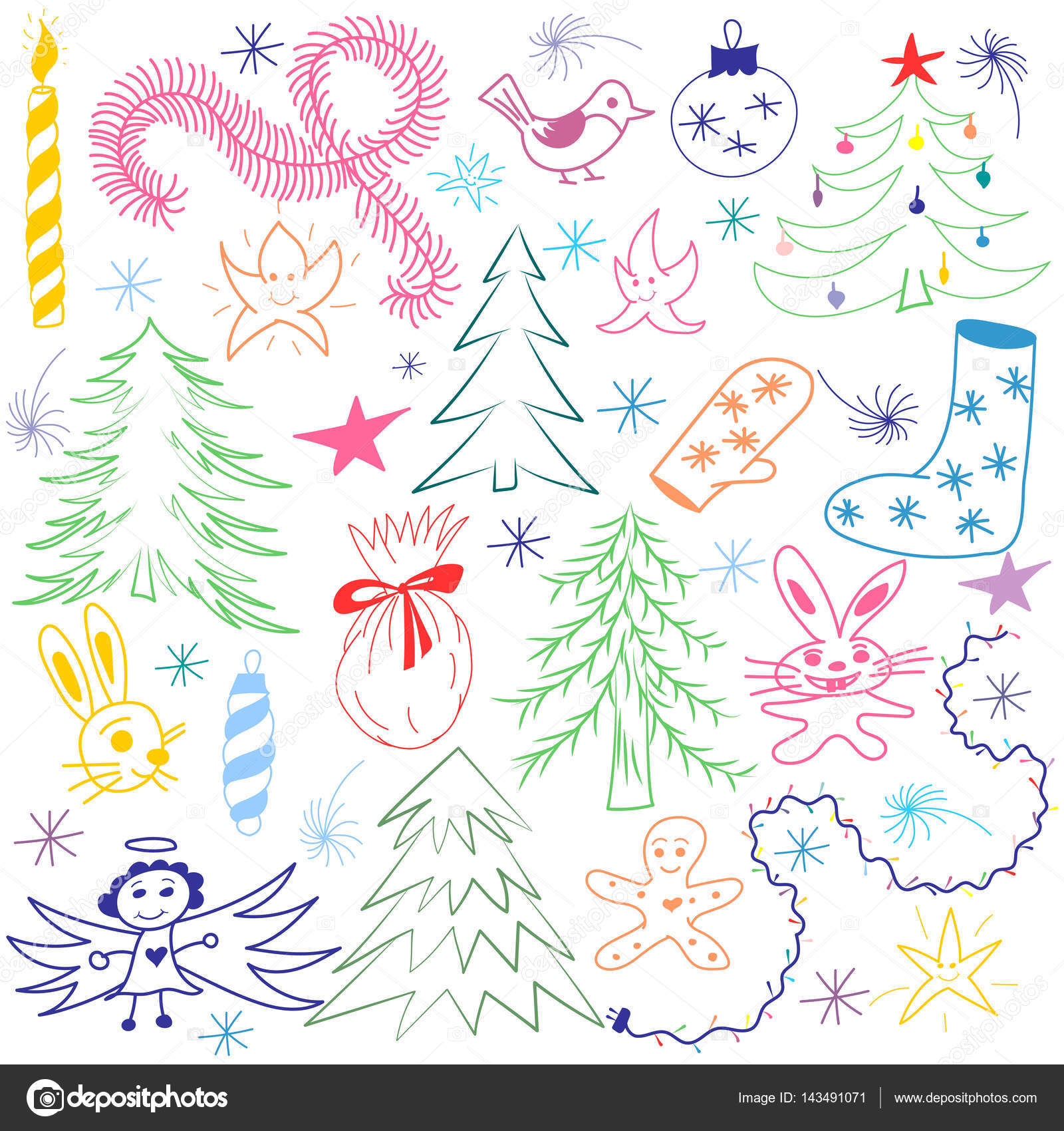 Insieme di simboli di disegnato a mano variopinto divertente di Doodle di Natale Disegni di bambini di abeti regalo candela giocattoli Angelo stelle e