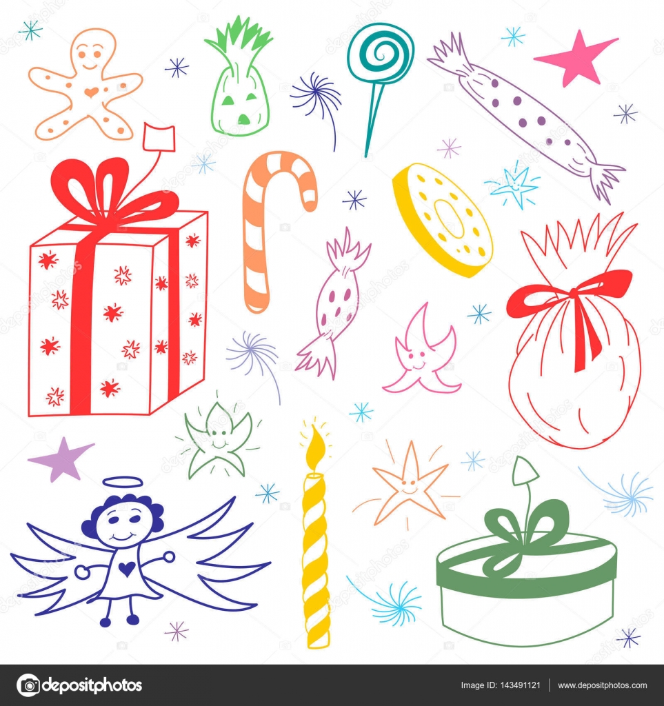 カラフルな手描きのお菓子、ギフト、キャンドル、星や雪のクリスマス