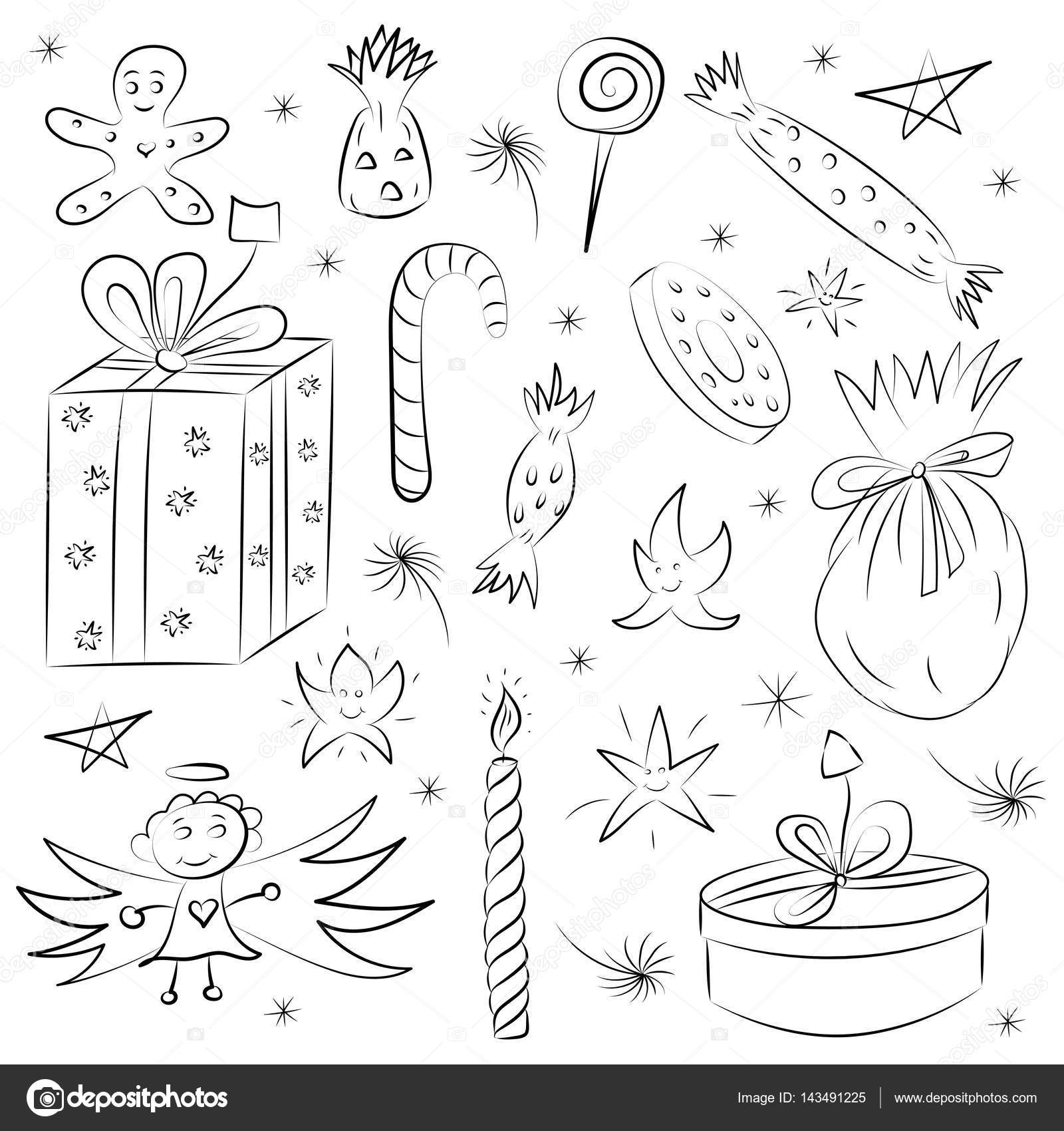 Hand Drawn Funny Doodle Christmas Sketch Set With Candies Gifts