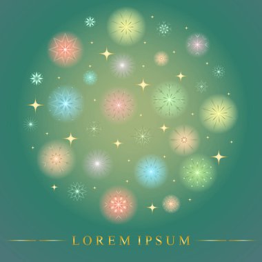 Daire içinde düzenlenmiş çeşitli renkli kar taneleri kümesi. Altın parıltılı yıldızlar ve yeşil zemin üzerine kar taneleri. Mükemmel Noel ve yeni yıl tasarım.