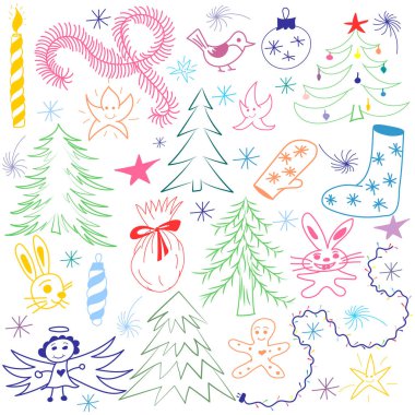 Renkli elle çizilmiş eğlenceli Doodle Noel simgeleri ayarlayın. Çocuk çizimleri çam ağaçları, Hediyelik, mum, oyuncak, melek yıldız ve kar taneleri. Festival tasarım için mükemmel