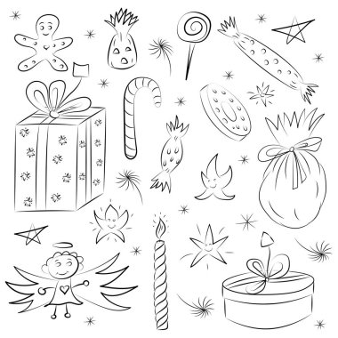 Elle çizilmiş eğlenceli Doodle yılbaşı kroki şekerler, hediyeler, mum, yıldız ve kar taneleri ile koymak. Festival tasarım için mükemmel
