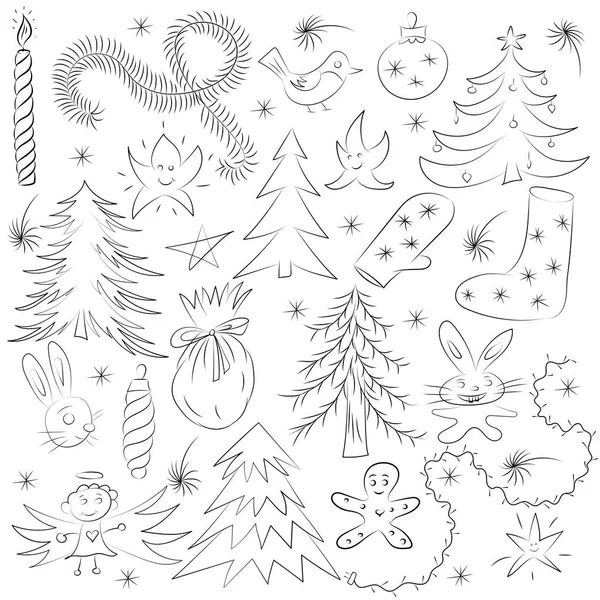 Elle çizilmiş eğlenceli Doodle yılbaşı kroki ayarla. Çocuk çizimleri çam ağaçları, Hediyelik, mum, oyuncak, melek yıldız ve kar taneleri. Festival tasarım için mükemmel