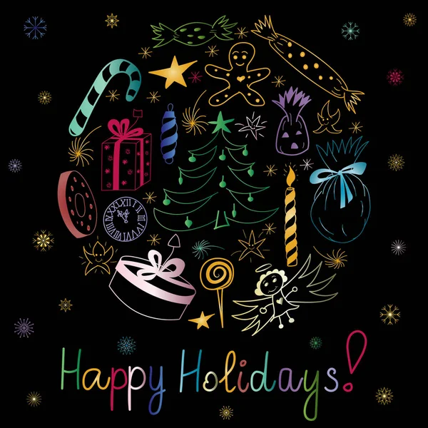 Happy Holidays! Hand Drawn Colorful Doodle Holiday Set with Candies,  Gifts, Candle, Fir Trees, Angel, Stars and Snowflakes. Children Cute Drawings Arranged in a Circle on Black. Perfect for festive design. — Stock Vector