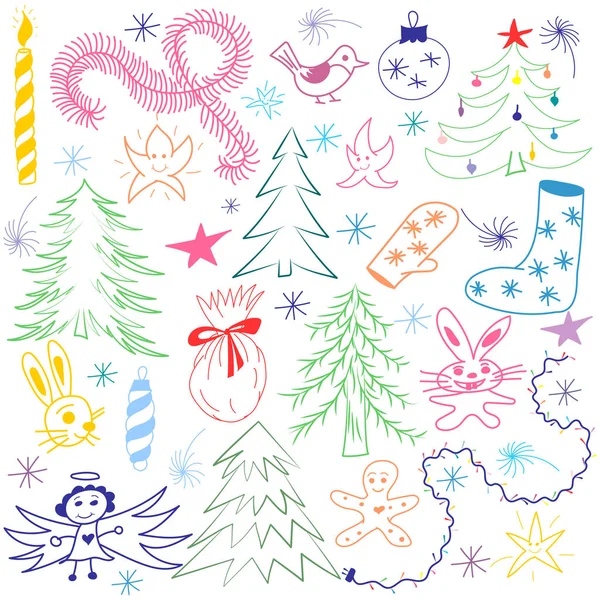 Renkli elle çizilmiş eğlenceli Doodle Noel simgeleri ayarlayın. Çocuk çizimleri çam ağaçları, Hediyelik, mum, oyuncak, melek yıldız ve kar taneleri. Festival tasarım için mükemmel