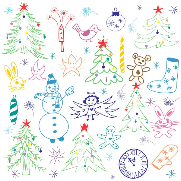 Conjunto de esboço de Natal bonito desenhado à mão colorido. Crianças Desenhos de boneco de neve, árvores de abeto, vela, brinquedos, anjo, estrelas e flocos de neve. Perfeito para design festivo —  Vetores de Stock