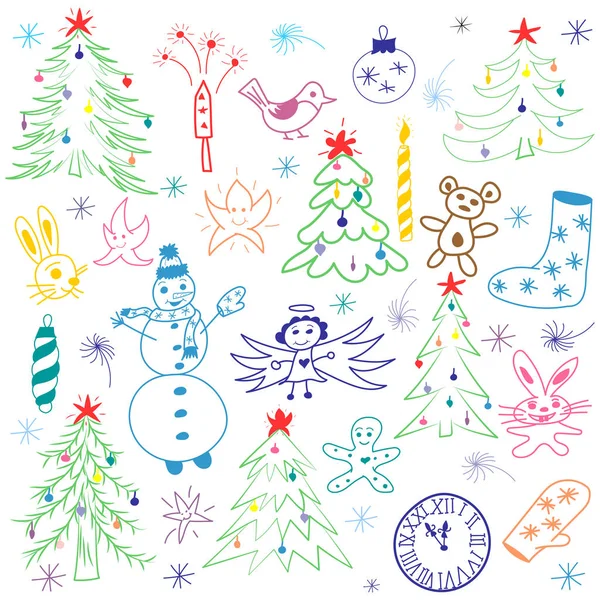 Renkli elle çizilmiş sevimli Noel kroki ayarla. Çocuk çizimleri kardan adam, çam ağaçları, mum, oyuncak, melek, yıldız ve kar taneleri. Festival tasarım için mükemmel