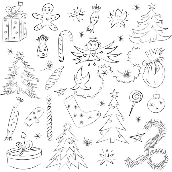 Mão desenhada engraçado Doodle Natal Sketch Set. Crianças Desenhos de árvores de abeto, presentes, vela, doces, anjo, estrelas e flocos de neve. Perfeito para design festivo . —  Vetores de Stock