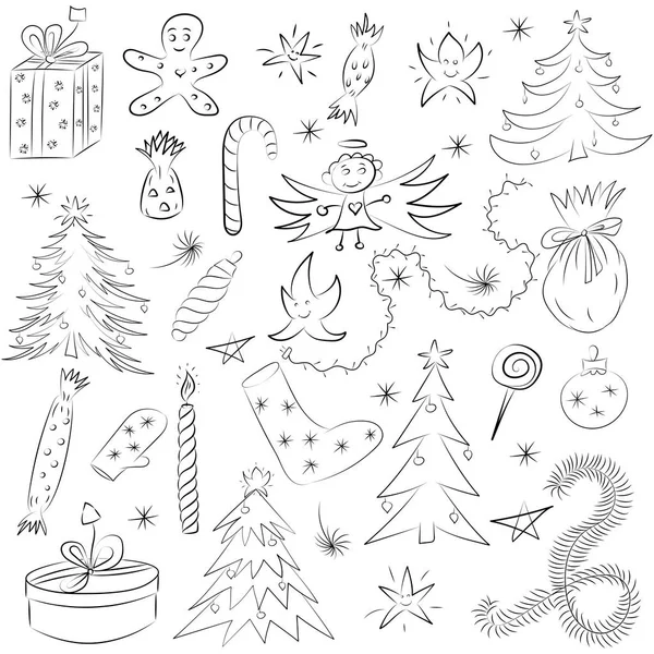 Elle çizilmiş eğlenceli Doodle yılbaşı kroki ayarla. Çocuk çizimleri çam ağaçları, hediyeler, mum, tatlılar, Angel, yıldız ve kar taneleri. Festival tasarım için mükemmel.