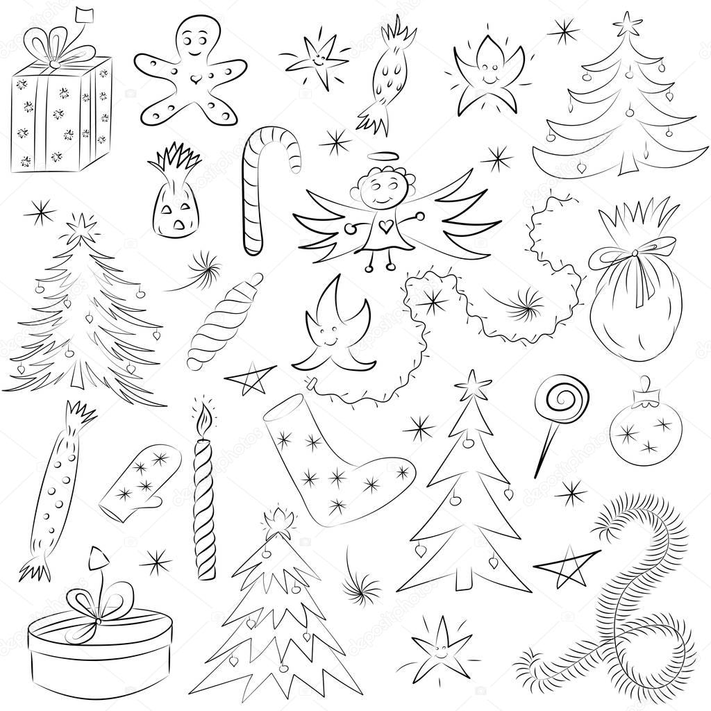 Hand Drawn Funny Doodle Christmas Sketch Set. Children Drawings of  Fir Trees, Gifts, Candle, Sweets, Angel, Stars and Snowflakes. Perfect for festive design.