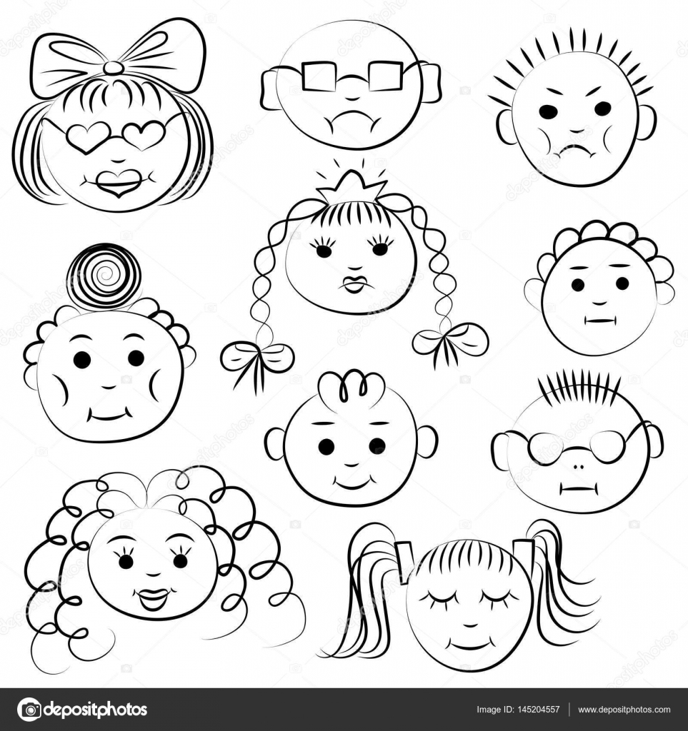 Kids Face Set Sketch, Stock vector