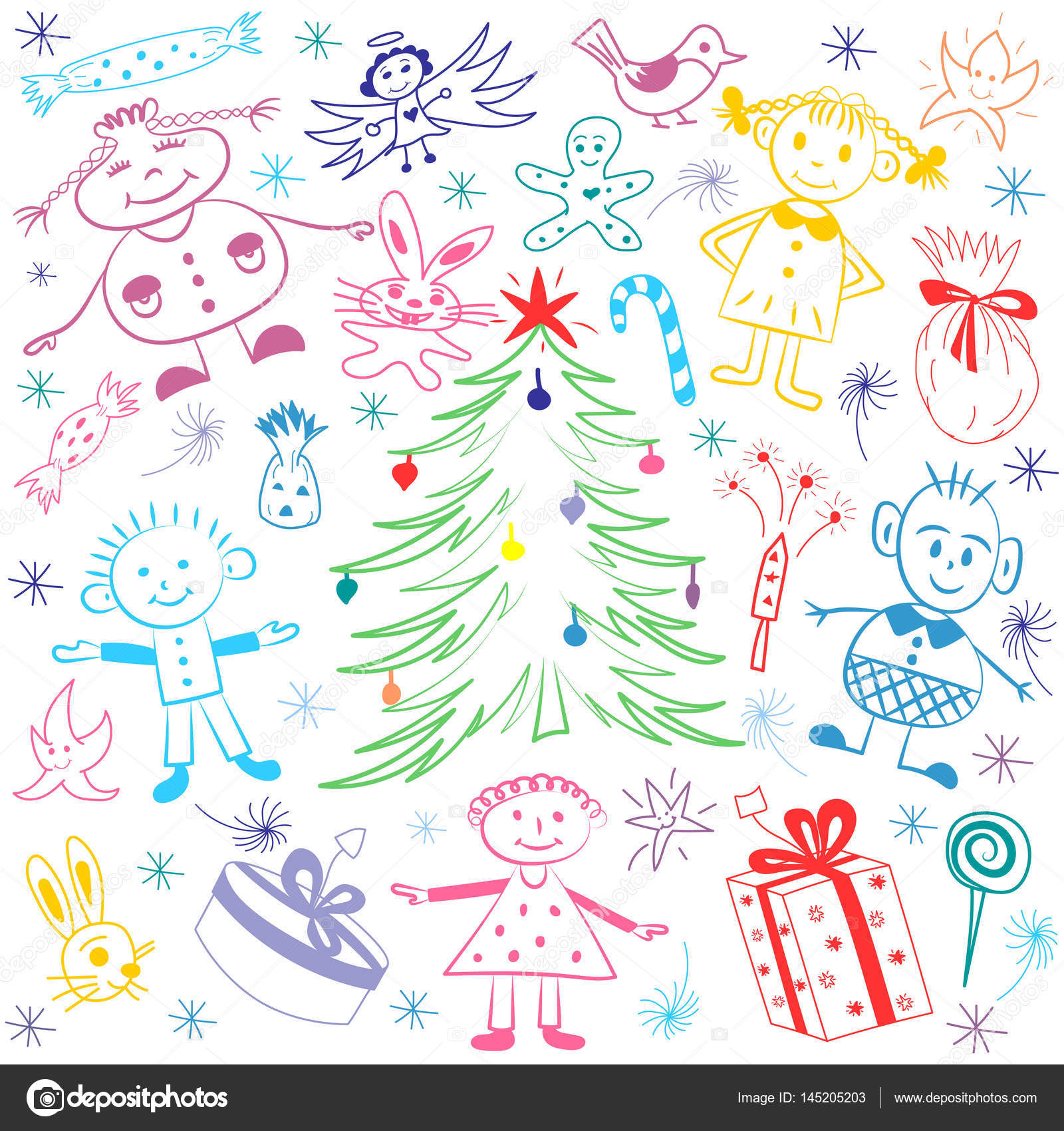 Bambini felici intorno all albero di abete con caramelle e regali Disegni dei bambini