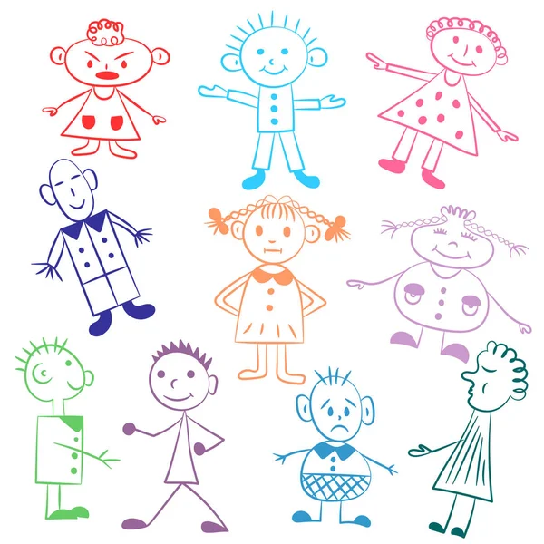 Σύνολο δέκα χαριτωμένα παιδιά. Σχέδια πολύχρωμα αστεία παιδιών. Σκίτσο στυλ — Διανυσματικό Αρχείο