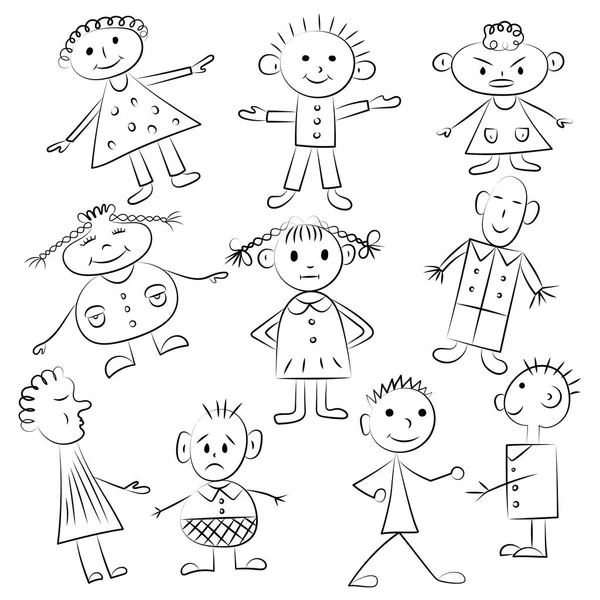 Conjunto de diez niños lindos. Dibujos divertidos para niños. Estilo de boceto . — Archivo Imágenes Vectoriales
