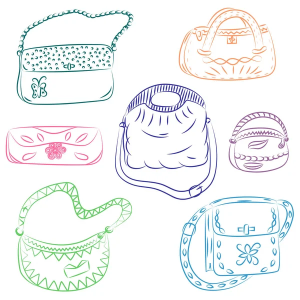 Ensemble de sacs à main dessinés à la main. Silhouettes colorées de sac de mode. Style de croquis — Image vectorielle