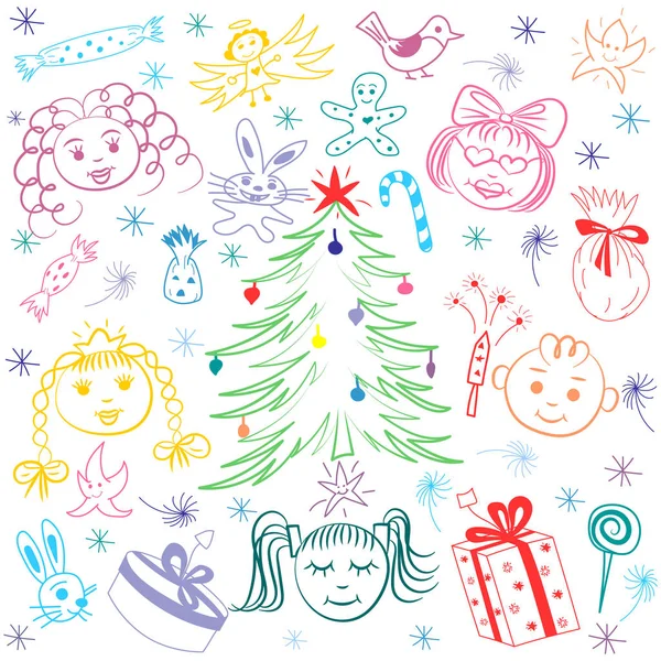 Happy Kids Around Fir Tree with Gifts and Candies. Colorful Funny Children's Drawings of Winter Holiday's Symbols. Perfect for Festive Design — Stock Vector