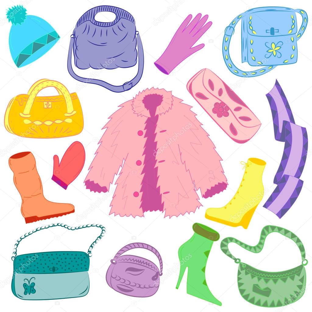 Hand Drawn Colorful Winter Clothes and Handbags Isolated on White. Cute shoes on high heel, scarf, mitten, glove and fur coat.