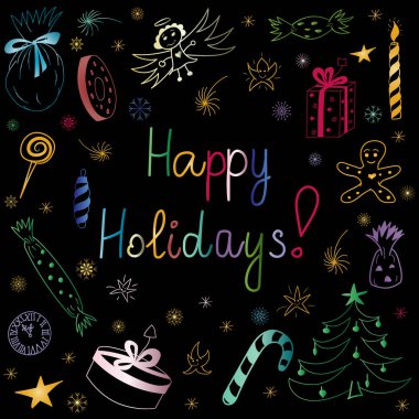İyi Bayramlar! Elle çizilmiş Doodle renkli tatil kümesiyle şekerler, hediyeler, mum, çam ağaçları, melek, yıldız ve kar taneleri. Çocuk şirin çizimler siyah. Festival tasarım için mükemmel