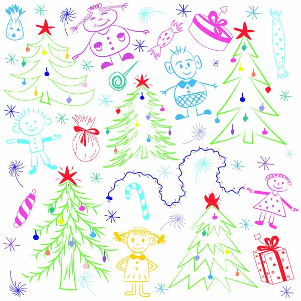 Disegni colorati per bambini di abeti e bambini felici. Simboli divertenti delle vacanze invernali Doodle. Perfetto per il design festivo — Vettoriale Stock