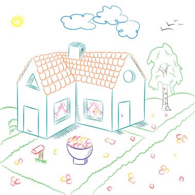 Renkli elle çizilmiş Doodle tarzı ülke evi. Çocuk çizimleri evin Flowerbed ve huş ağacı