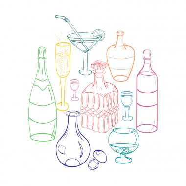Renkli gözlük çizilmiş, şişe ve cam sürahilere daire şeklinde düzenlenmiş kümesi. Kroki çizim üzerinde beyaz izole gözlük. 