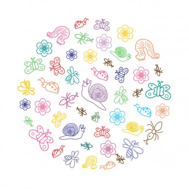 Renkli komik Doodle böcekler. Sevimli böcek çocuk çizimleri, kelebekler, karıncalar ve salyangoz düzenlenmiş ına daire. Kroki tarzı.