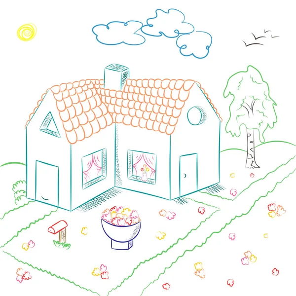 Colorida casa de campo dibujada a mano en estilo Doodle. Dibujos para niños de la casa con macizo de flores y abedul — Archivo Imágenes Vectoriales