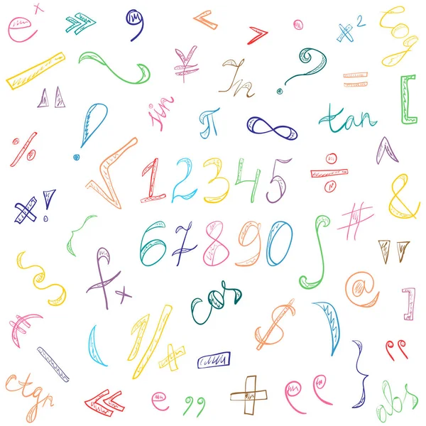 Färgglada handritad Doodle symboler och siffror. Scribble tecken isolerad på vit. — Stock vektor