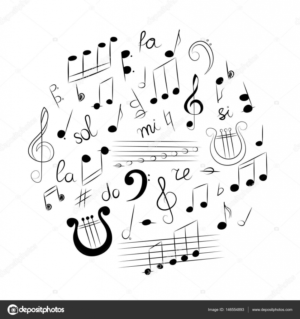 손으로 그린 음악 기호의 집합. 낙서 고음 음자리표, 음자리표, 노트와 거문고는 Cirlce에서 배열. 스톡 벡터 - ©Nofretka  146554893, image size:963x1024