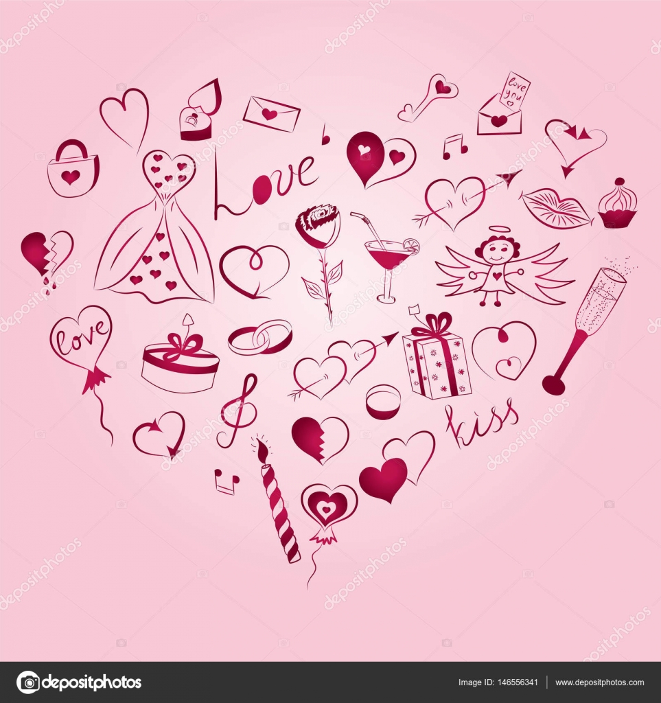 Insieme dei simboli di San Valentino disegnato a mano Divertente Doodle disegni di cuori rossi