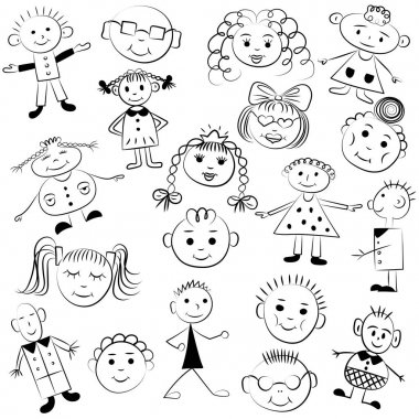 Şirin çocuklar kümesi. Komik çocuk çizimleri. Kroki tarzı