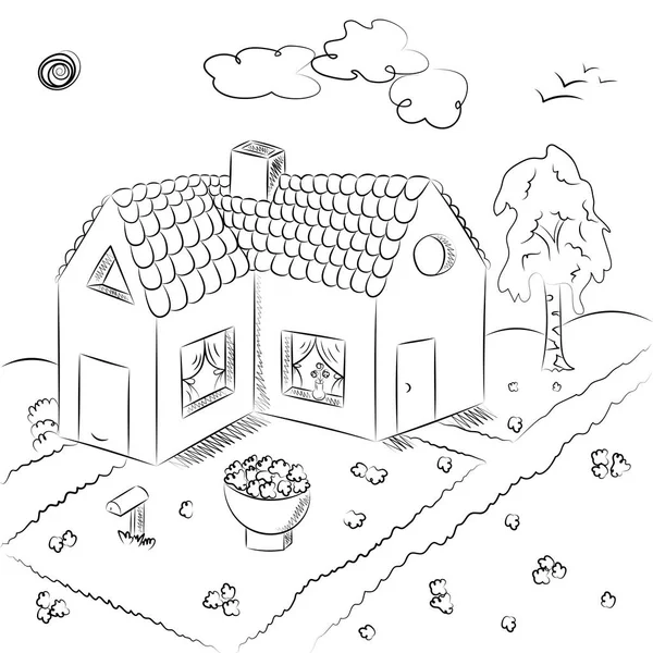 Hand Drawn Country House in Doodle Style. Children Drawings of House with Flowerbed and Birch — Stock Vector