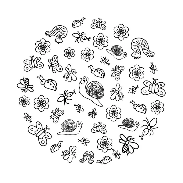 有趣的涂鸦昆虫。儿童可爱 Bug 图纸、 蝴蝶、 蚂蚁、 蜗牛安排 ina 圈。素描样式. — 图库矢量图片