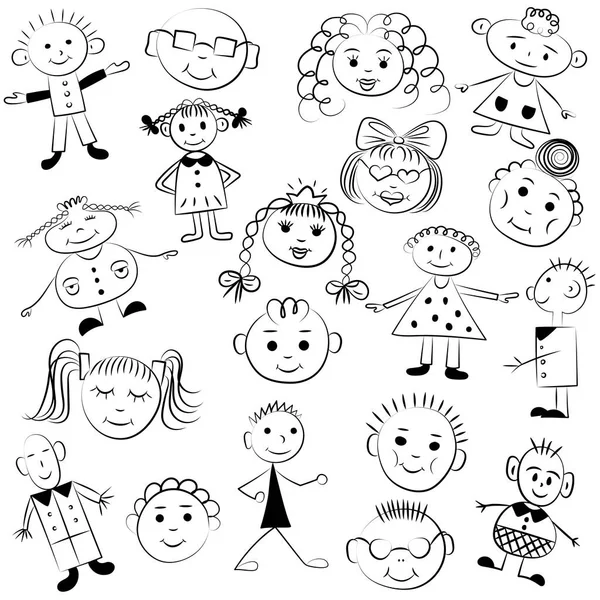 Set of cute kids. Funny children drawings. Sketch style — Stock Vector