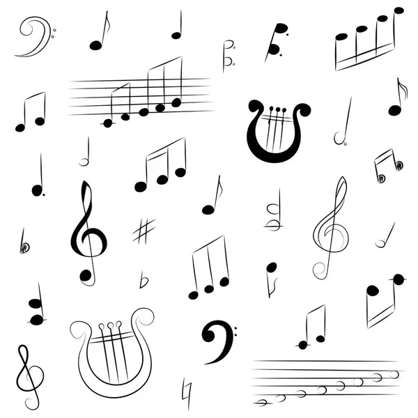 Handgezeichnete Musiksymbole. Doodle-Diskantschlüssel, Bassschlüssel, Noten und Leier. — Stockvektor