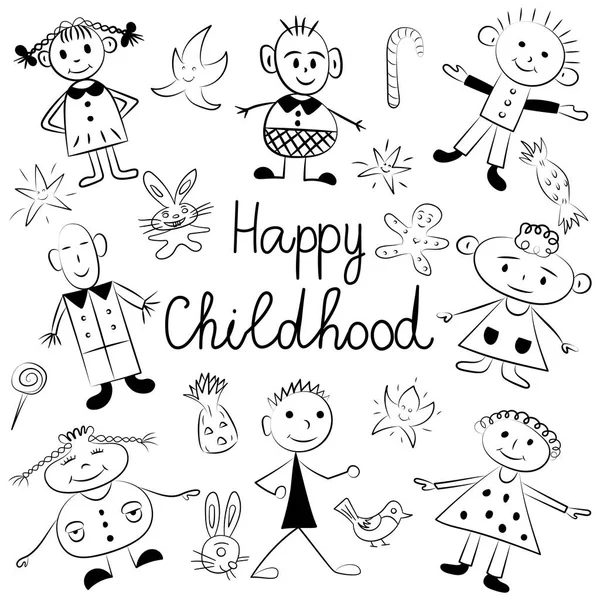 Ευτυχισμένη παιδική ηλικία. Χαριτωμένα παιδιά με παιχνίδια, αστέρια και καραμέλες. Αστεία παιδιά σχέδια. Σκίτσο στυλ. — Διανυσματικό Αρχείο