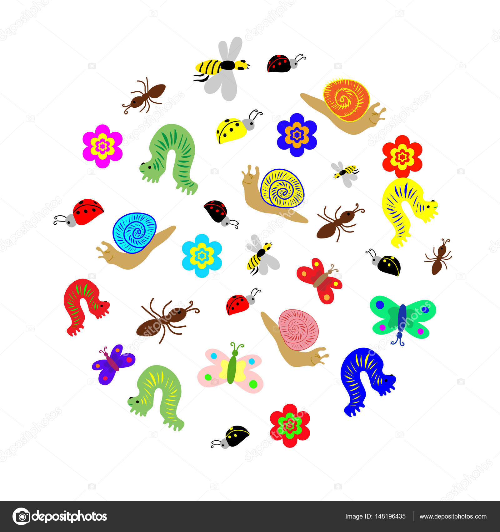 Colorato e carino bruchi vermi farfalle API formiche Perfetto per il disegno del bambino — Vettoriali di Nofretka