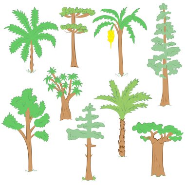 El yeşil ağaçlar Set çekilmiş. Avuç içi, Sequoia, Aloe, akasya, Ceiba düz stilde çizimlerinin doodle