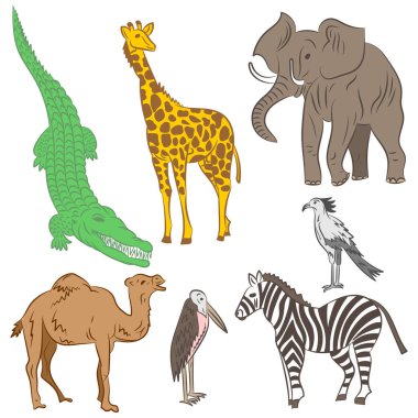 Renkli elle çizilmiş Afrika hayvanlar ve kuşlar. Fil, Zebra, zürafa, deve, Marabou ve Sekreter kuşu çizimlerinin doodle. Düz stil.