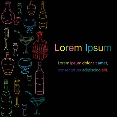Renkli kroki çizilmiş gözlük, şişe ve cam sürahilere siyah kümesi. El ilanları, afişler, rozetler, menü, çıkartmalar ve reklam eylemler için şablon