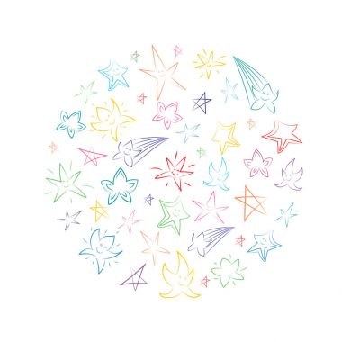 Renkli el çekilmiş yıldız bir daire içinde düzenlenmiştir. Çocuk çizimleri Doodle yıldız. Kroki tarzı